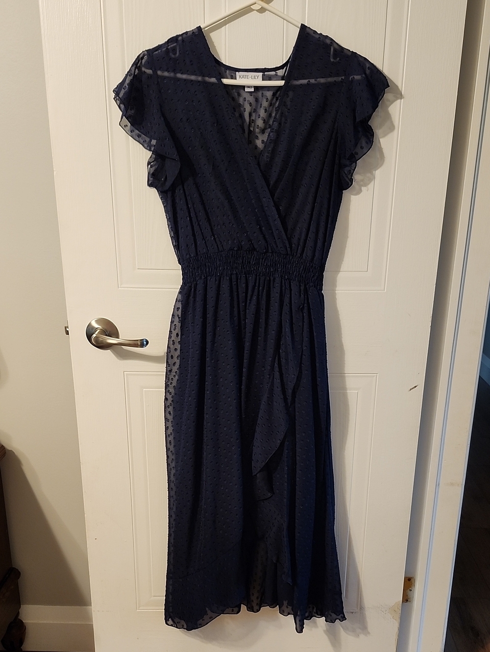 Navy Swiss Dot Wrap Midi Dress with Smocked Waist
